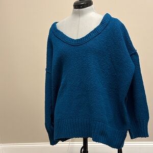 Free People Teal Oversized Slouchy Off-the-Shoulder Knit Sweater
